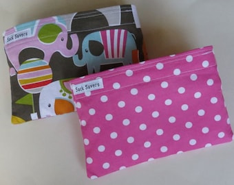 Reusable Snack Bag Set of Two Eco Friendly Elephant Pink Polka Dots