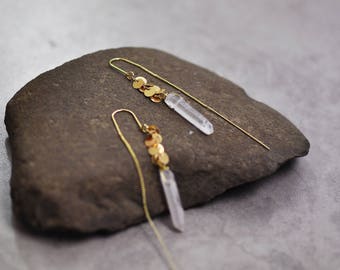 Gold earrings, long earrings, boho earrings, wire wrapped earrings, raw crystal earrings, threader earrings, wire wrap crystal earrings gift
