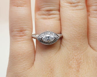 marquise east west diamond ring engagement milgrain filigree 18k gold