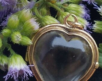 Antique 14k Gold Rock Crystal Heart Photo Locket Pendant Pools of Light Estate Jewelry
