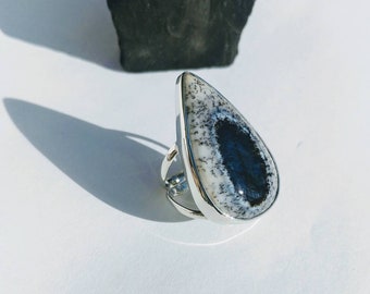 Sterling Silver Pear Shaped Merlinite Ring- Dendritic Opal Ring- Opal Ring- Women's Ring- Sterling Silver Ring- Size 6