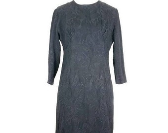 on sale vintage black dress 50s/60s mini sheath raised floral design gogo pinup bombshell little black dress