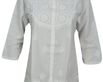 Beautiful White Cotton Tunic White Floral Hand Embroidered Cover Up Summer Comfy Blouse Dress L