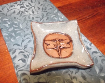Handmade Pottery Spoon Rest, Teaspoon Rest, Teabag Holder, Coffee Spoon Rest, Pill Dish, Jewelry Holder, Wedding Favor, Dragonfly Design