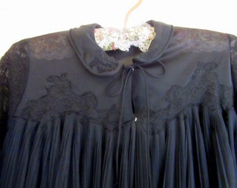 Black Peignoir Robe Negligee by Rogers Crimped Pleated Nylon Size 34 Small Vintage Mid Century