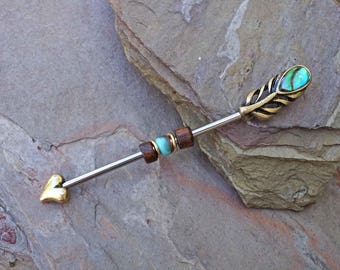 Peacock Feather Gold Industrial Barbell Scaffold Piercing Abalone