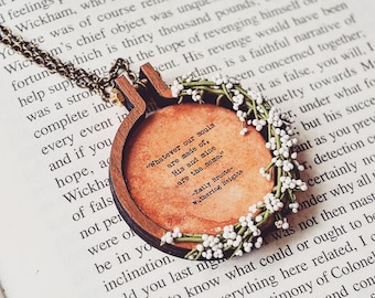 Polymer Clay, Flower Wreath Quote Pendant, Gift for Bookworm, Gift for Book Lovers, Personalized Quote Bookish gifts, Bookish Jewelry