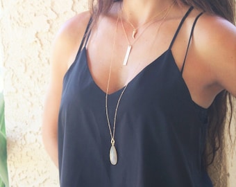 Long Necklace Moonstone Long Pendant Necklace/ Long Layering Necklace Gemstone Statement Necklace Teardrop Gold Necklace Long Stone Necklace