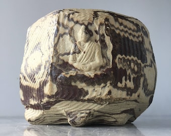 Buddha Tea Bowl Chawan Marbled Glazed Stoneware Art Vessel, Bas Relief Sculpture Cup Agateware