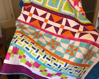 Row By Row/Bright colors/ HANDMADE / Twin bed quilt/ Large lap quilt / throw quilt / patchwork quilt
