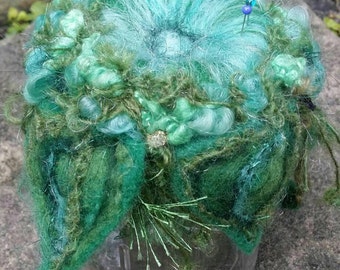 Fairy garden pincushion, needed felted pincushion, fiber art pincushion, Woodland pincushion, soft green and blue pincushion, mystical art
