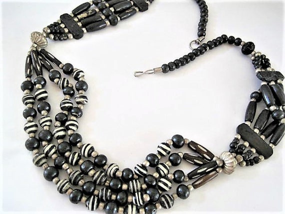 Black White Necklace, 4 Strands, 26 Inches of Trade Beads, Boho Mod, Vintage Tribal Necklace