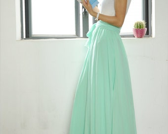High Waist Maxi Skirt Chiffon Silk Skirts Beautiful Bow Tie Elastic Waist Summer Skirt Floor Length Long Skirt (037)