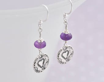 Silver Heart Earrings, Amethyst Earrings, Silver & Purple Earrings, Purple Heart Earrings, February Birthstone Earrings, Purple Gift For Her