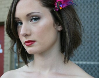 Feather Hair Barrette Pink Blue With Pink Crystal and Multicolored Jewel