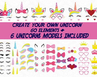 Unicorn svg - Unicorn Kit Svg - Create your own - Lashes Svg - Unicorn face svg - Unicorn Bundle - Horn Svg - Unicorn head Svg - Unicorn DXF