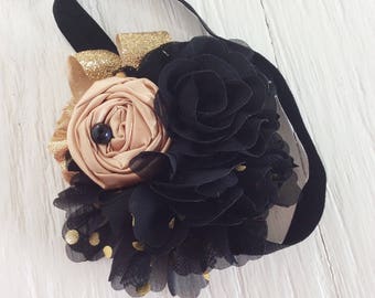 Black gold headband baby girl headbands matilda jane m2m headband toddler headband flower fabric flower Vintage infant, newborn headband