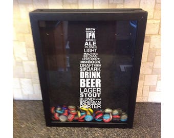 Beer Cap Holder Shadow Box - Beer Bottle Typography - Types of Beer - (11" x 14" or 12" x 12") - Vinyl Decal Gifts