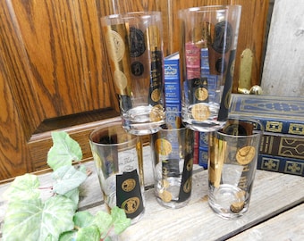Set of 5 Vintage Mid Century Bob Wallack Cera Highball Tumbler Glasses - Coins