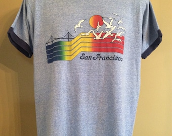 Vtg 80s Screen Stars San Francisco Souvenir Ringer T-Shirt Heather Blue L Thin 50/50