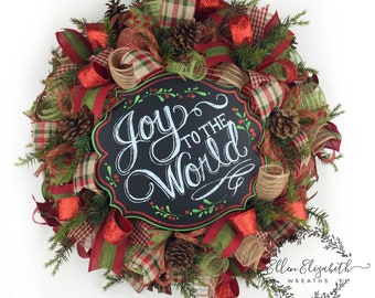 Rustic Christmas Wreath, Christmas Door Wreaths, Christmas Mesh Wreaths, Rustic Christmas Decor, Christmas Door Decor, Joy to the World