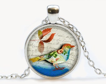 Vintage Floral Bird with Leaf Glass pendant. Bird Necklace, Bird jewelry, birthday gift