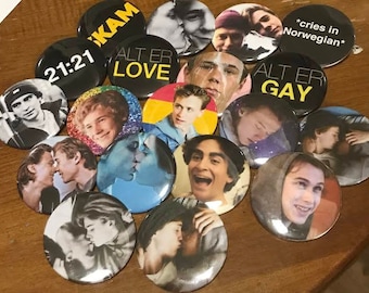 SKAM inspired pinback buttons and Magnets 2 1/4 inch (Isak x Even, Evak, Noora, Alt Er Love, etc...)