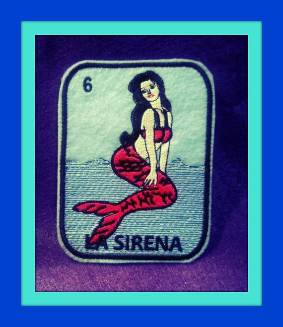 Mexican Day of the Dead Sugar Skull Patch Embroidery black and limeLa Sirena Loteria Iron on Patch mermaid