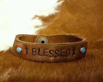 Blessed copper stamped leather cuff