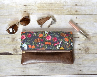 Floral fold over clutch- fold over clutch - fold over purse - floral purse - pink and orange clutch - leather clutch - faux leather purse
