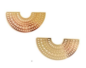 x 2 large prints half moon / semicircle filigree gold brass 38mm