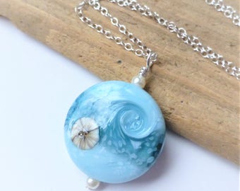 Blue Ocean Wave Beach Necklace, Lampwork Glass Pendant, Beach Jewelry, Beach Wedding, Gift For Her, Bridesmaid Gifts, Christmas Gift