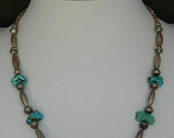 Native American Navajo Old Pawn Turquoise Handmade Sterling Silver Bead Necklace 17 - 20 3/8"
