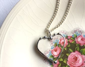 Broken china jewelry - heart pendant - lacy roses - broken china jewelry heart pendant necklace - recycled china