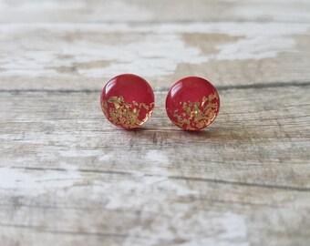 Red and gold earrings, Stocking stuffers for women, Red gold earrings, Red studs gold, Modern earrings red stud earrings, Gifts under 15