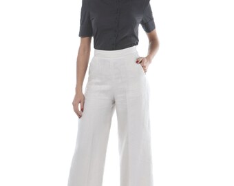 High waist light beige linen pants, flare cut