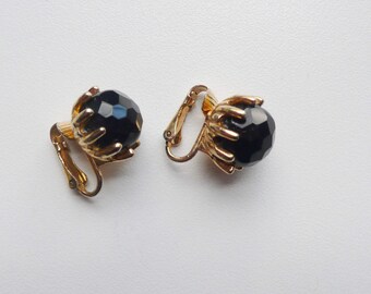 Vintage Black Faceted Bead Earrings | clip on