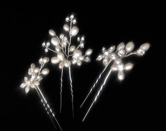Set of 3 Freshwater Pearl and Swarovski Crystal Hair Pins - Permanent silver plated wire