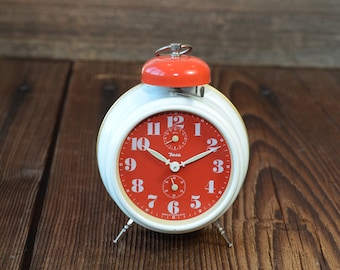 INSA Yugoslavia vintage Alarm Clock, mechanical clock, twin bell, Retro desk clock,white red Working clock