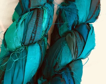 SALE plumfish recycled silk sea green, deep aqua, embroidery knitting crochet craft embellishment yarn 100 grams