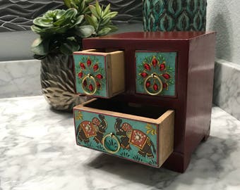 Miniature Dresser Drawer Jewelry Box, Hand Painted Red, Wood Accessory Storage Container, Three Drawers, Item #593768067