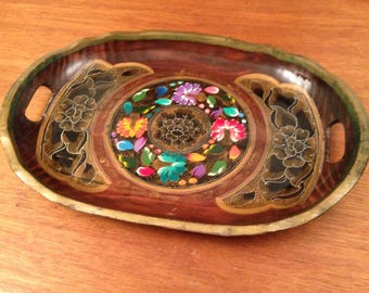 Vintage Tole Painted TRAY Hand Painted Cout-out Handles Exotic Wood Folk Art