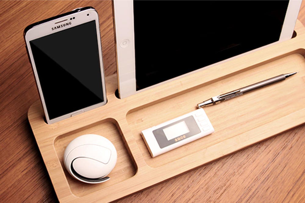 Wood Desk Organizer Tablet Cell Phone Holder Docking Station
