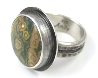 Ocean Jasper Ring - Distressed Sterling Silver Ocean Jasper ring - US size 8.25 - round Jasper ring - rustic ocean jasper ring - size 8.25