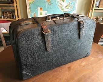Handsome Antique Pebbled Cowhide Suitcase with Brass Fittings