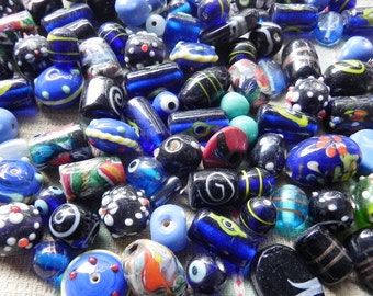 1 Pound vintage style supper delux handmade blue and black colour combination LAMPWORK glass beads mix ONE POUND.