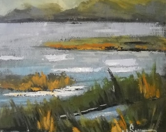 Marsh Landscape Painting, Daily Painting, "North Florida Marsh" by Carol Schiff, 6x6x1.5 Oil, Free Shipping in US