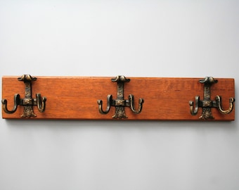 Vintage Wooden Coat Rack with 3 Spelter ( Metal) Hooks-Vintage European Coat Rack