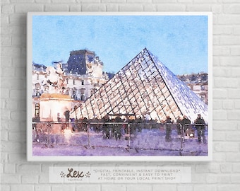 France, Paris, The Louvre - Aquarelle Watercolor Painting Digital Wall Art Instant Download