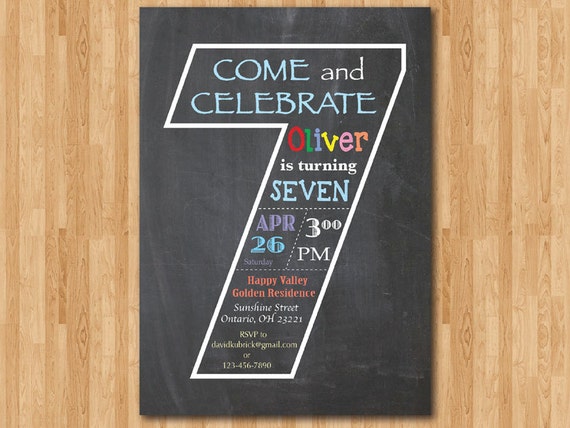 Chalkboard 7th Birthday Invitation. Seventh Birthday Invite.